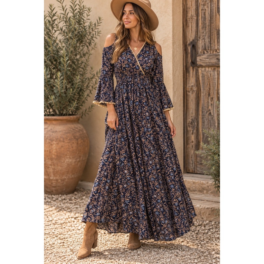 Earthbound Trading Co Navy Floral Cold Shoulder Pom Pom Maxi Dress Medium